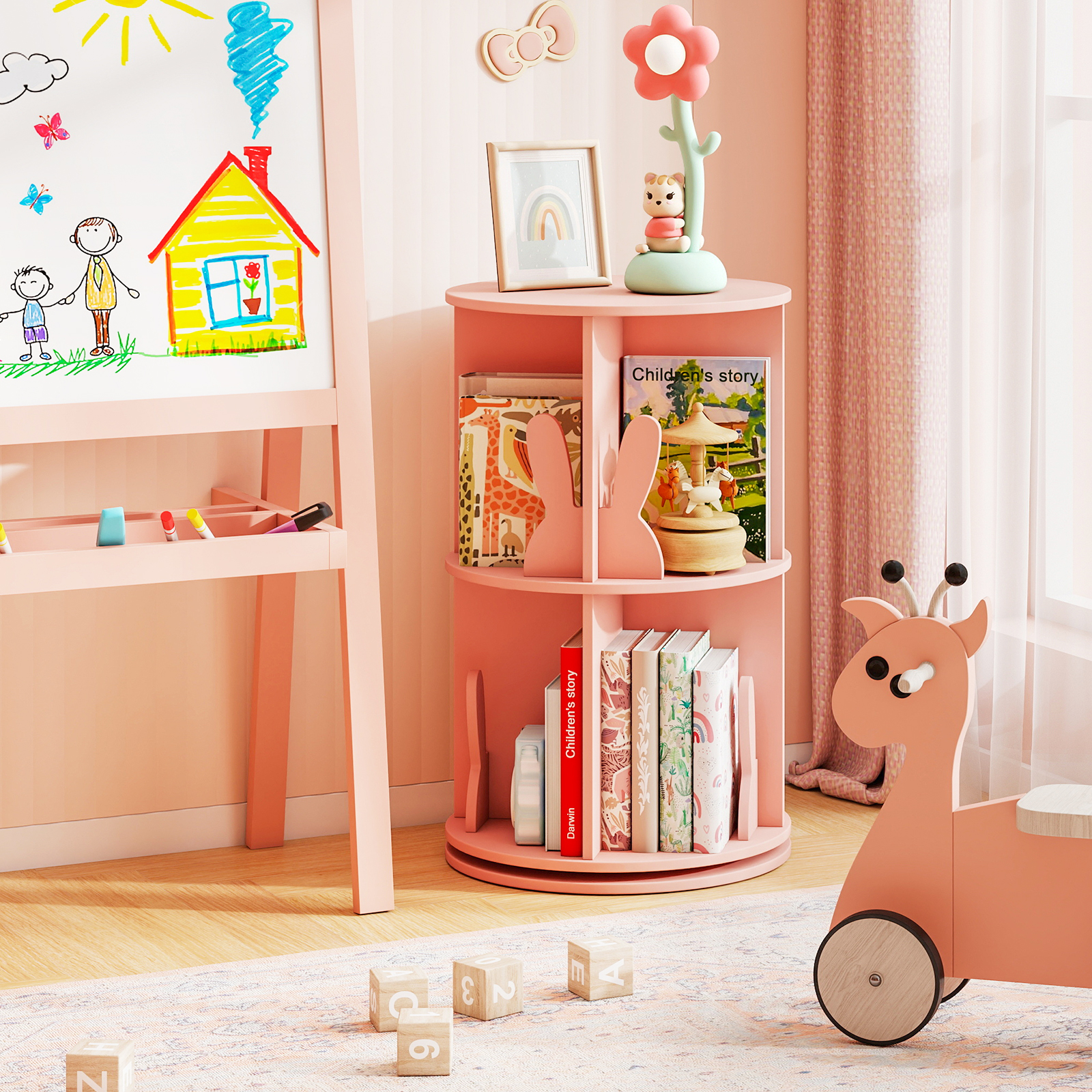 Drehrbares Bücherregal Kinder Kinderregal mit 2 Ebenen & Hasen-Trennwänden 40 x 40 x 65cm Rosa
