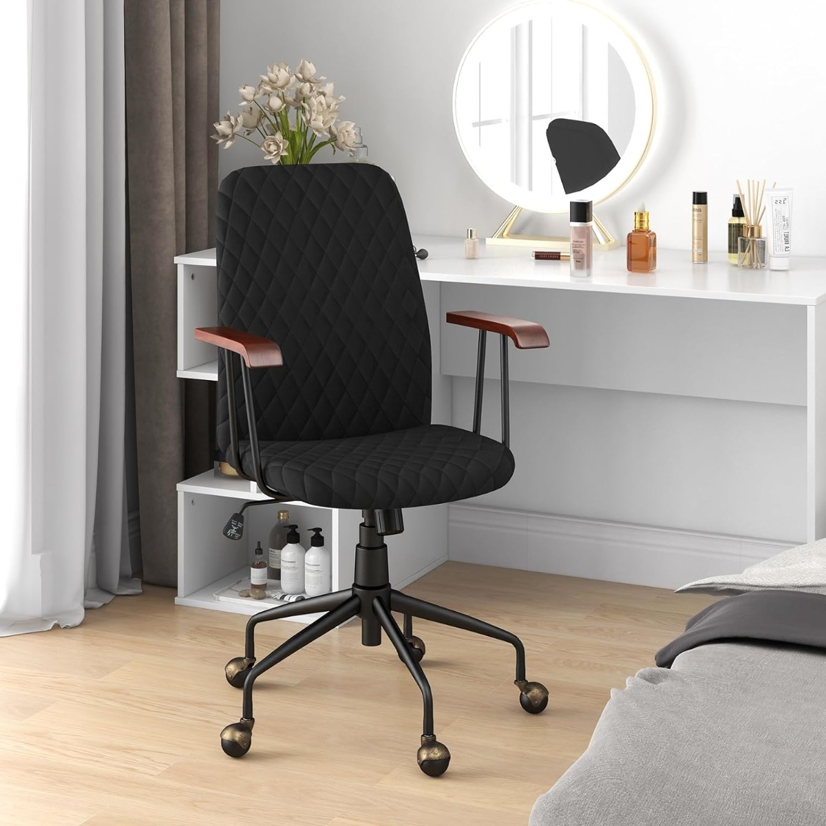 Höhenverstellbarer Bürostuhl aus Samt mit Rückenlehne bis 150 kg Belastbar Schwarz