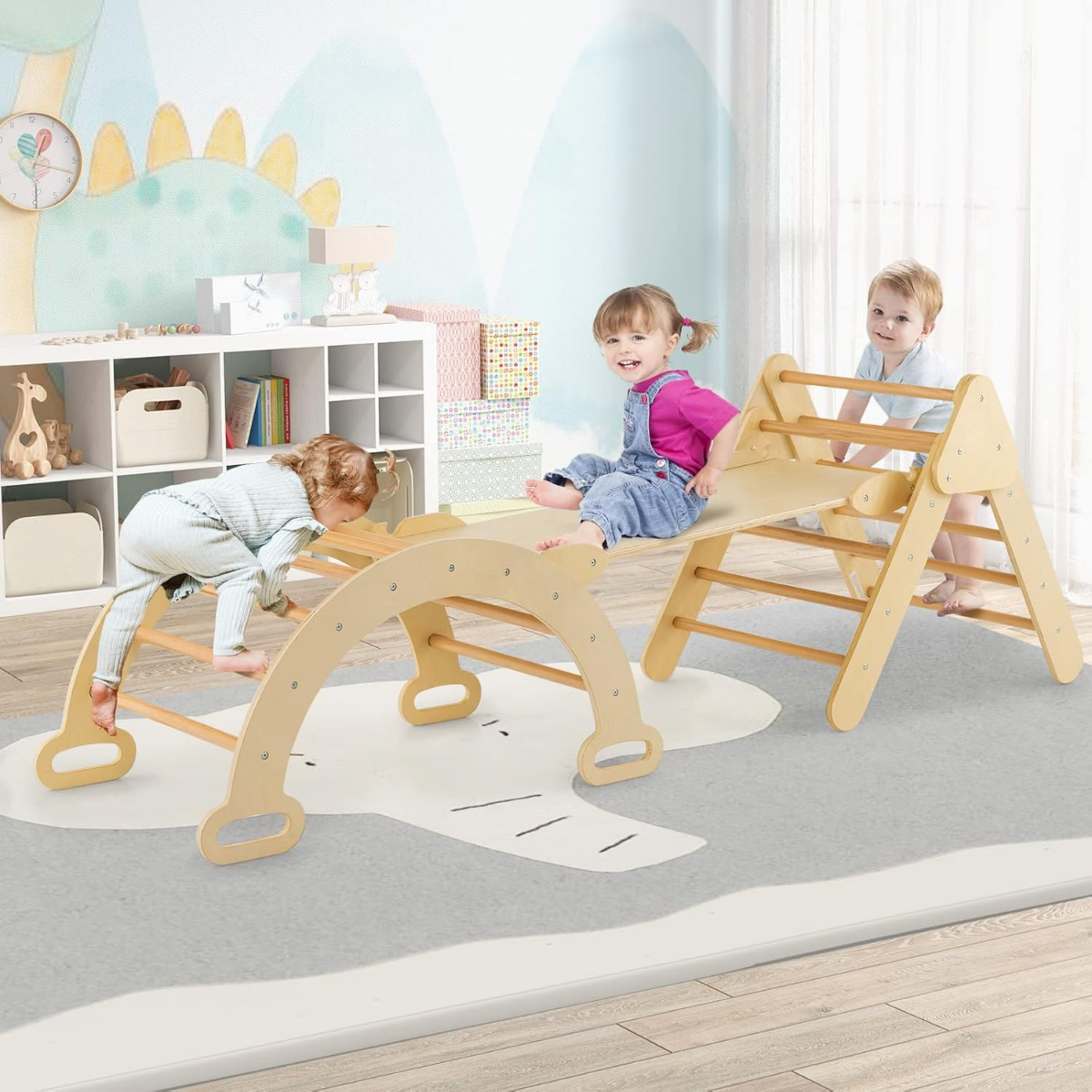 Dreieckiges Kletter-Spielzeugset aus Holz für Kleinkinder mit Kletterdreieck Indoor Natur