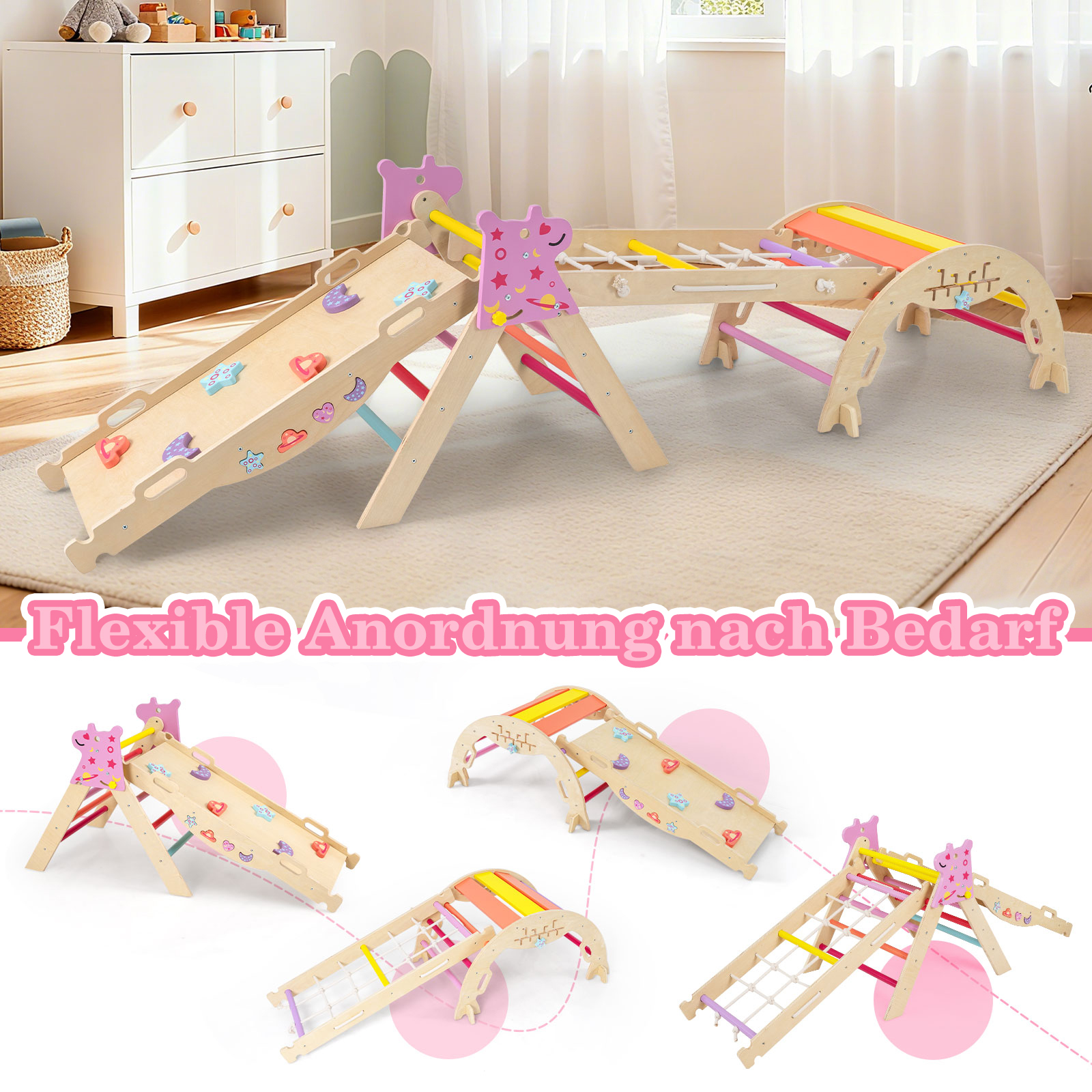 Dreiecksset 8-in-1 faltbares Kletterspielzeug Montessori Kletterset aus Holz Klettergerüst für Kinder Bunt