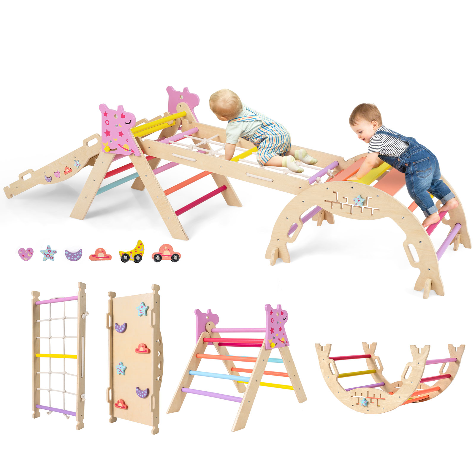 Dreiecksset 9-in-1 faltbares Kletterspielzeug Montessori Kletterset aus Holz Klettergerüst für Kinder Bunt