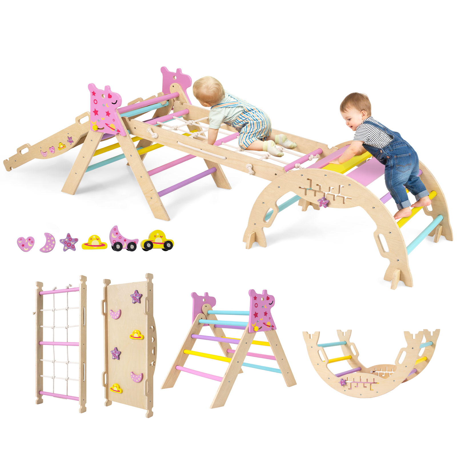 Dreiecksset 8-in-1 faltbares Kletterspielzeug Montessori Kletterset aus Holz Klettergerüst für Kinder Macaron