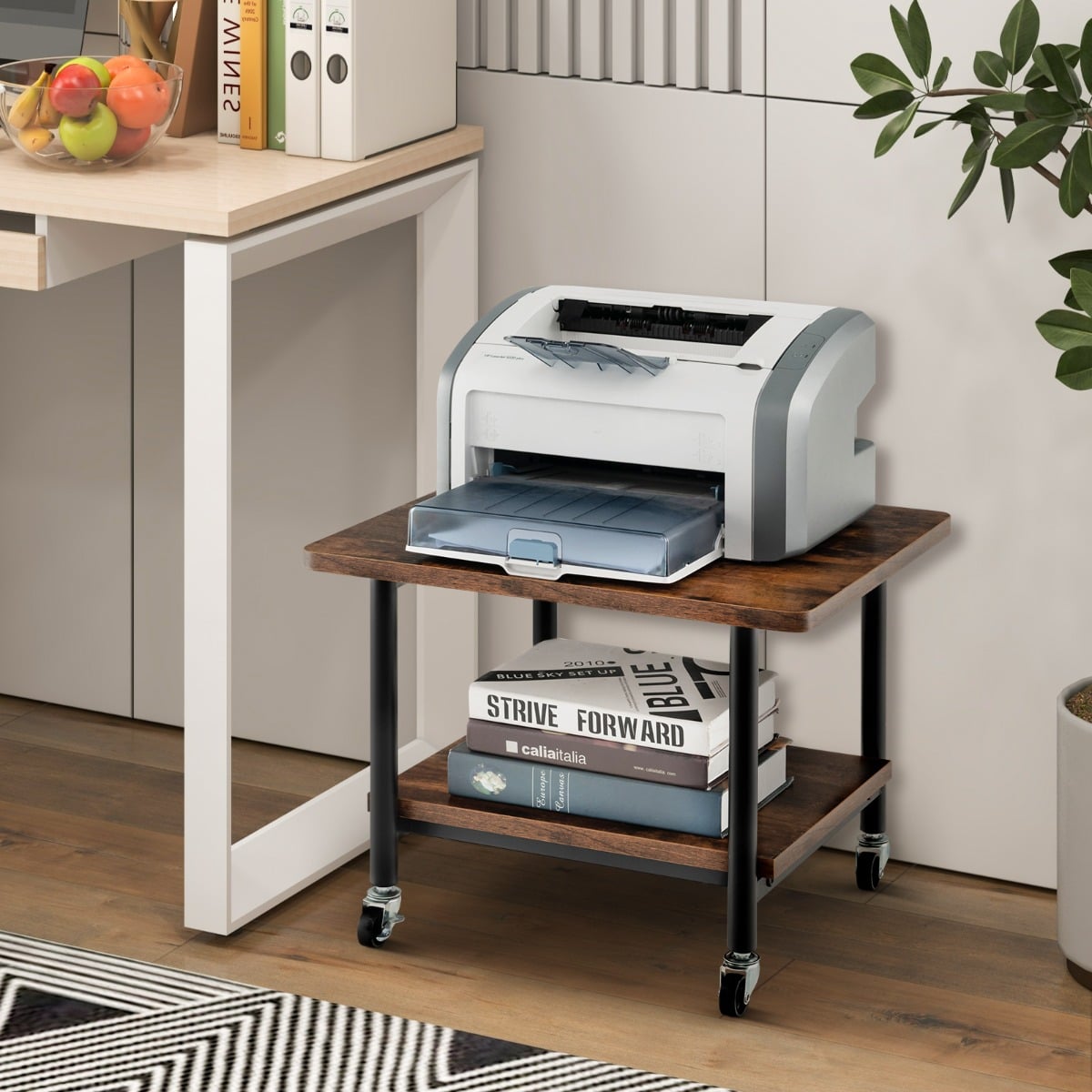 Untertisch-Druckerablage mit Transportrollen 2-stöckige Druckerablage 49 x 40 x 37 cm Braun