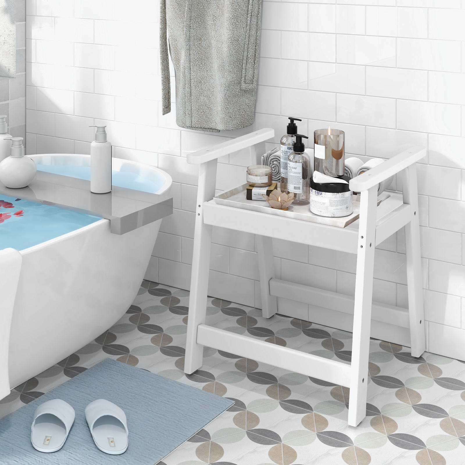 Duschbank mit Armlehnen Spa-Sitz Badhocker für die Dusche wasserdichte Badezimmerbank Weiß 58 x 52 x 61,5 cm