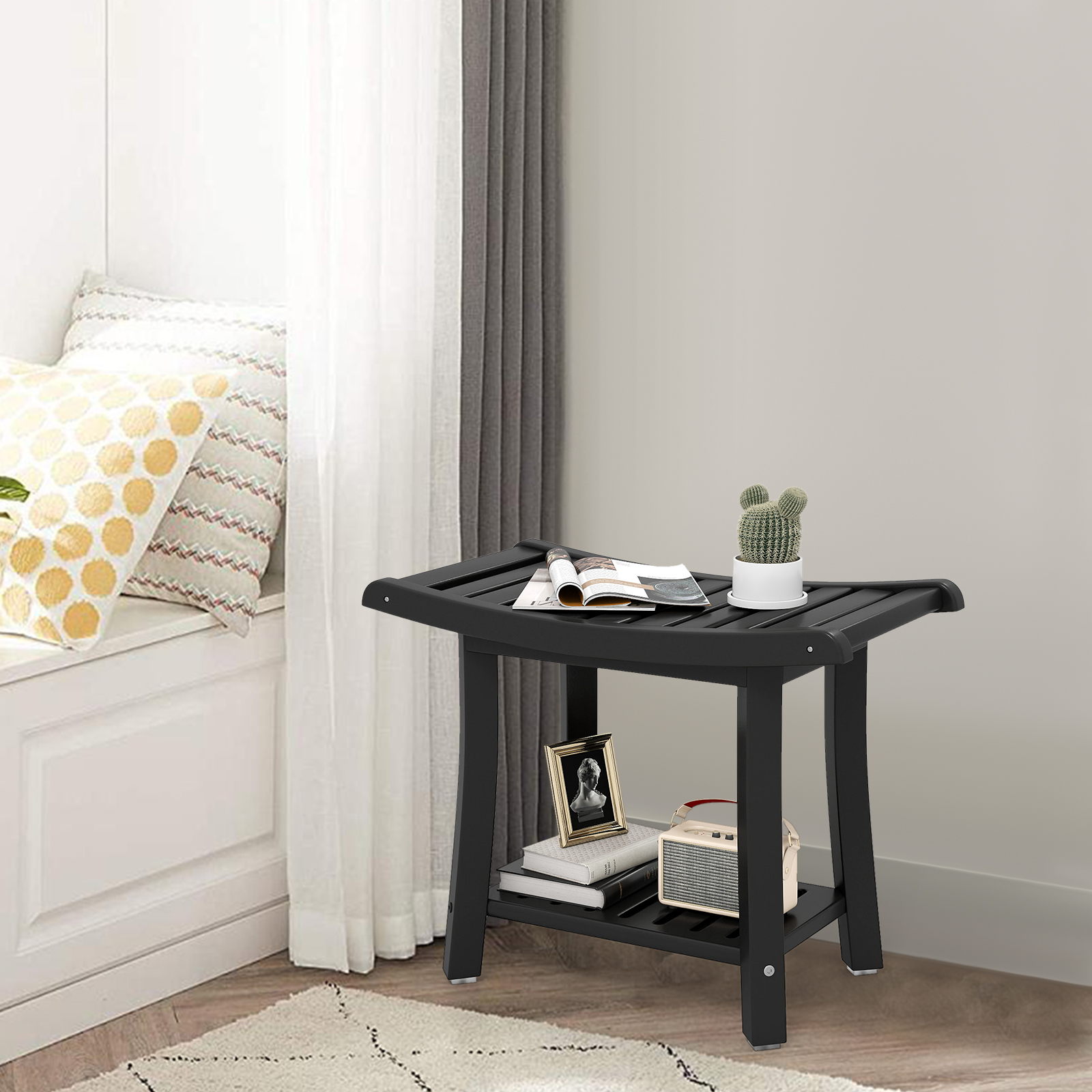 Duschbank Wasserdichter Duschhocker mit Gebogenem Sitz 60,5 x 34 x 48 cm Schwarz