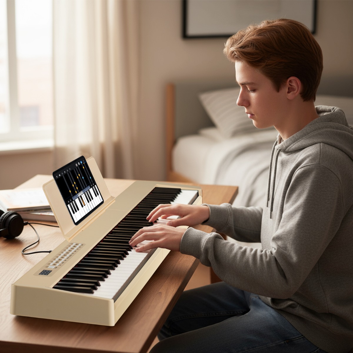 88 Tasten Digitales Klavier tragbares Vollformat Elektrisches Keyboard Hellbraun