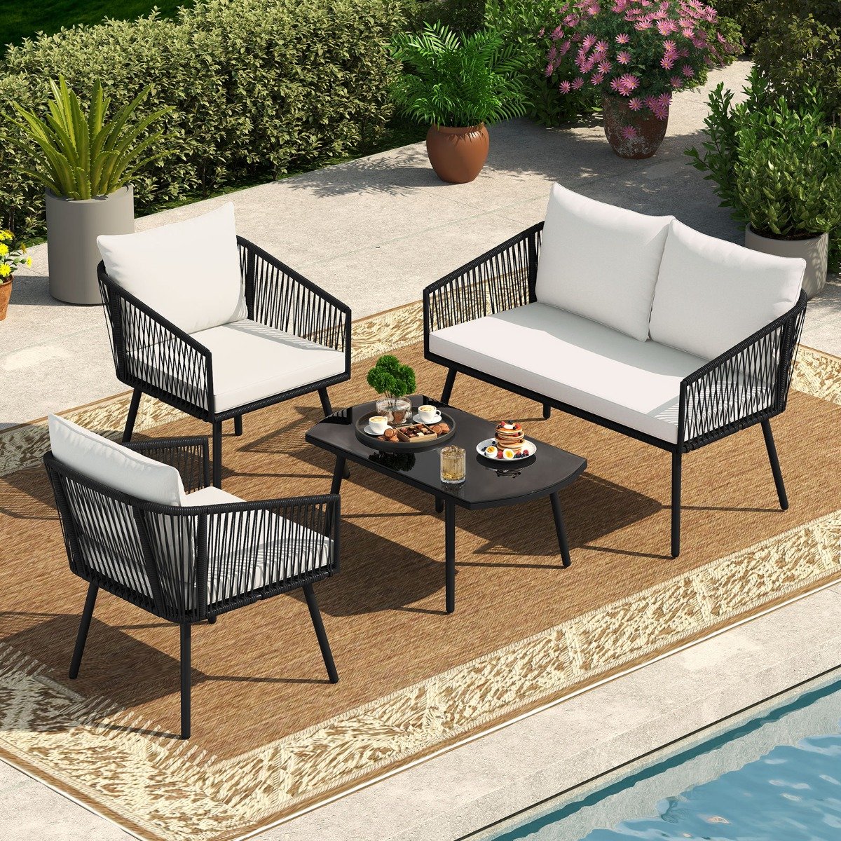 Rattan Gartenmöbel Set Balkonmöbel Set mit Sitz- und Rückenkissen Terrassenmöbel