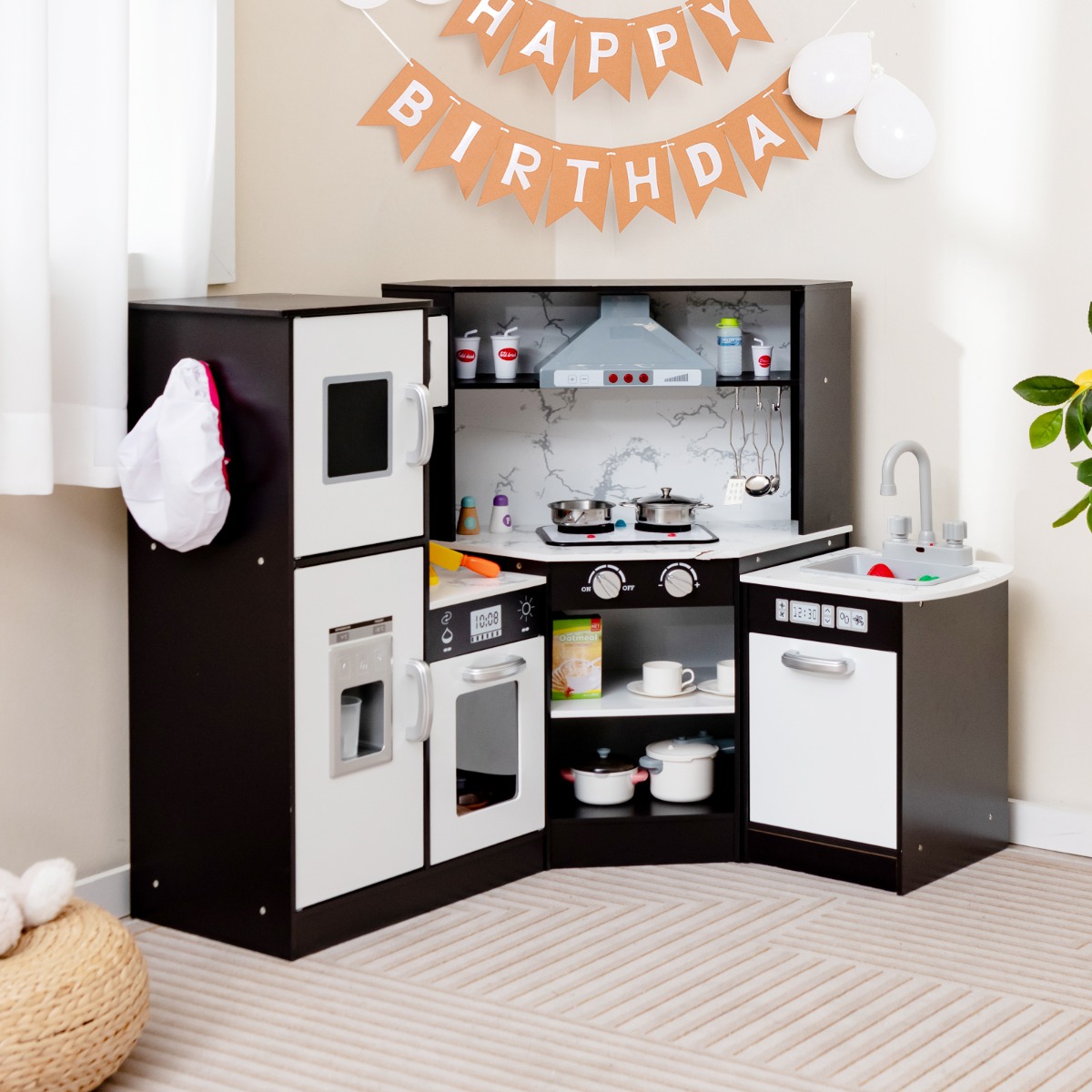 Holz Eck Kinderküche mit Licht & Sound & Tafel & Zubehör Kinderküche Spielküche Holzküche Kaffee