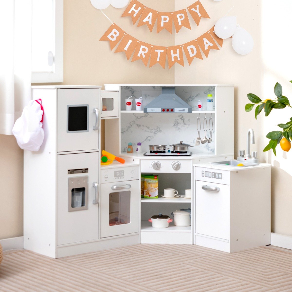 Holz Eck Kinderküche mit Licht & Sound & Tafel & Zubehör Kinderküche Spielküche Holzküche Weiß