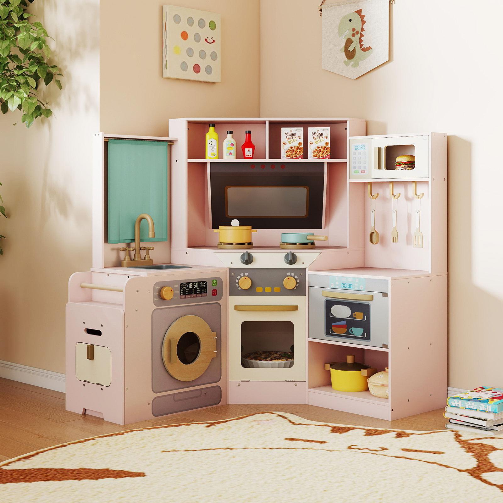 Eckküche mit Lichtern & Geräuschen Holzküche mit herausziehbarem Mülleimer Vorhang Spüle Herd Mikrowelle Rosa