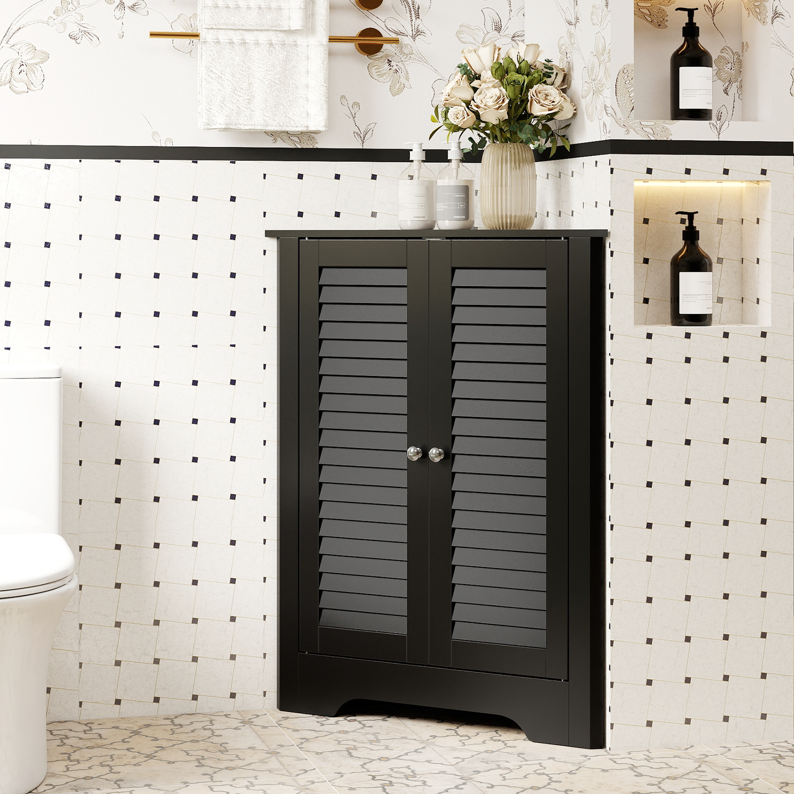 Eckschrank mit Lamellentür & Höhenverstellbarem Regal Platzsparend Badezimmerschrank Schwarz