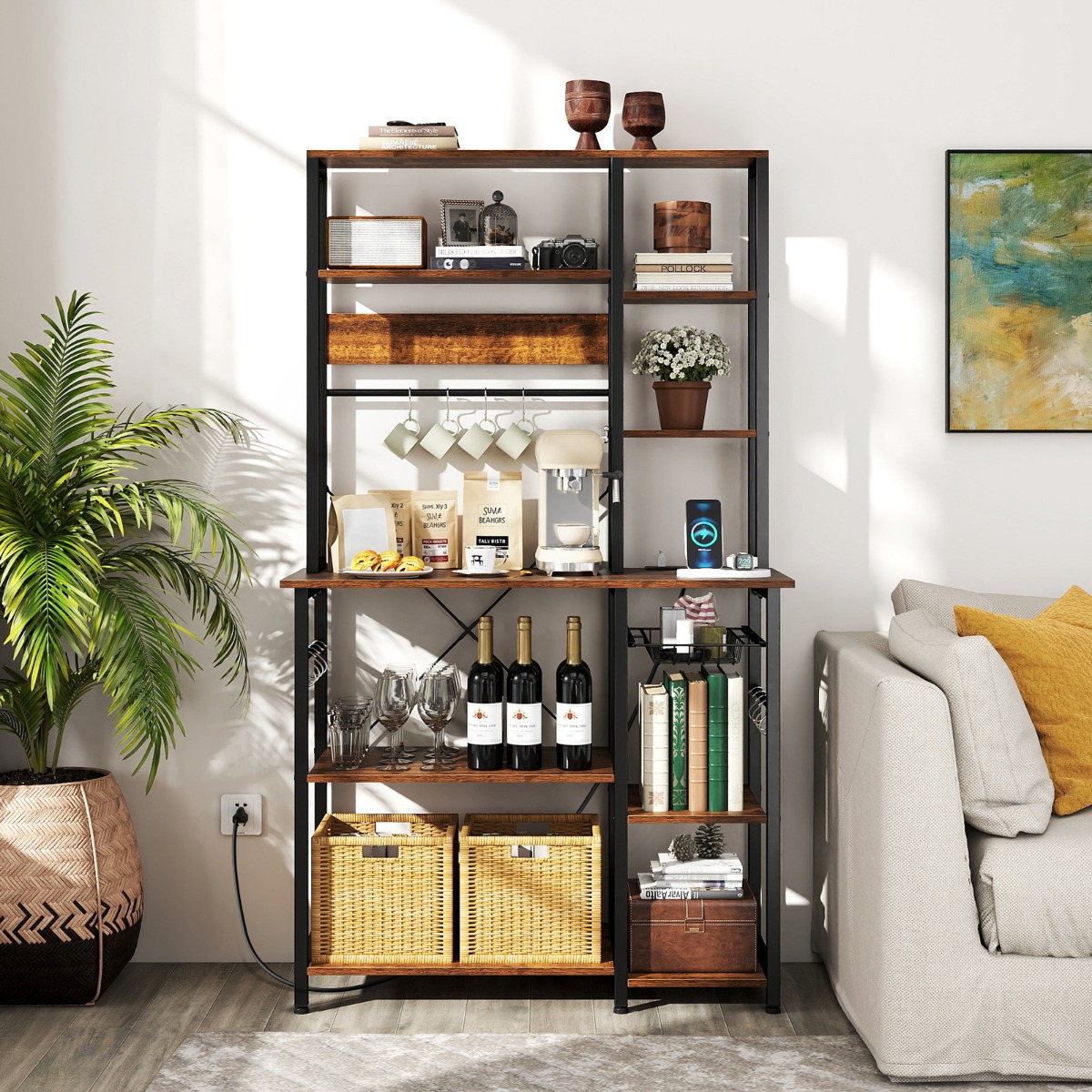 6-stufiger Küchenregal mit Steckdose & Drahtkorb Standregal Mikrowellenregal Bäckerregal