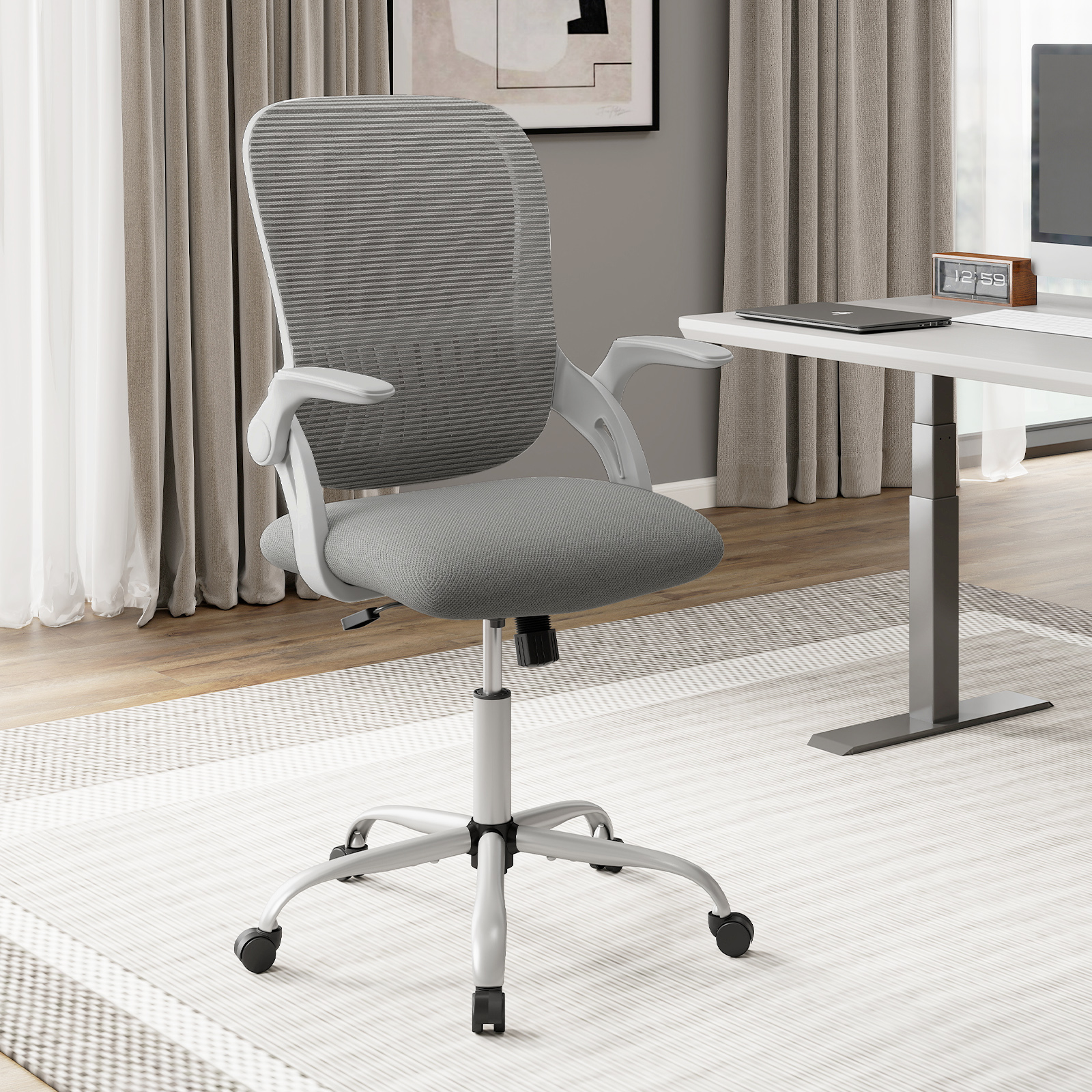Ergonomischer Bürostuhl mit Hochklappbaren Armlehnen & Wippfunktion Computerstuhl Grau