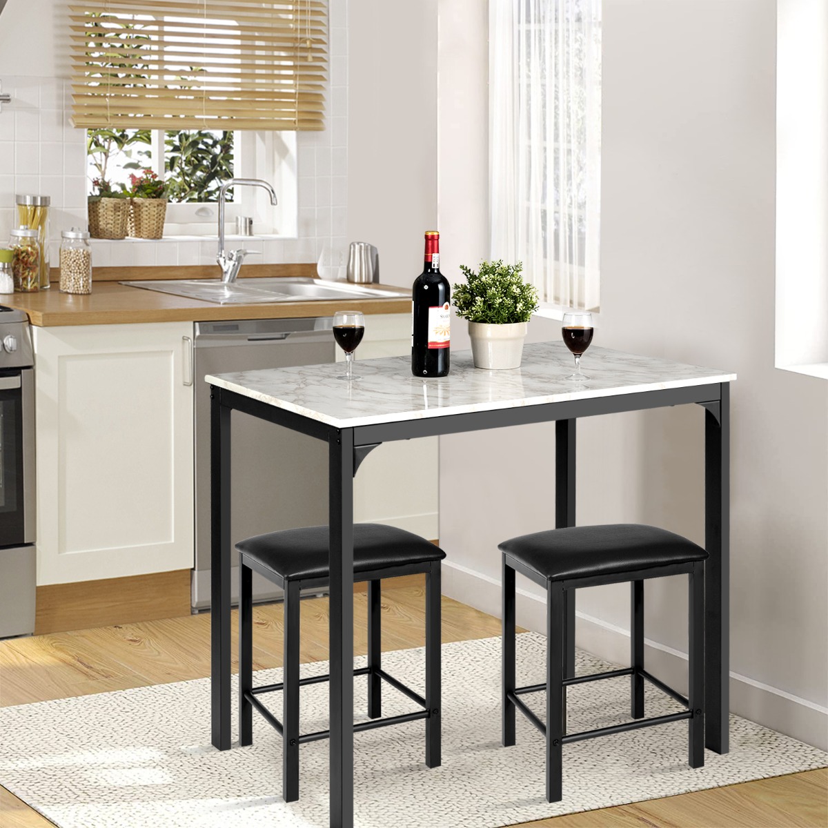 3 teiliges Esstisch Set Bartisch Set mit 2 Gepolsterten Barhockern Metallgestell Weiß