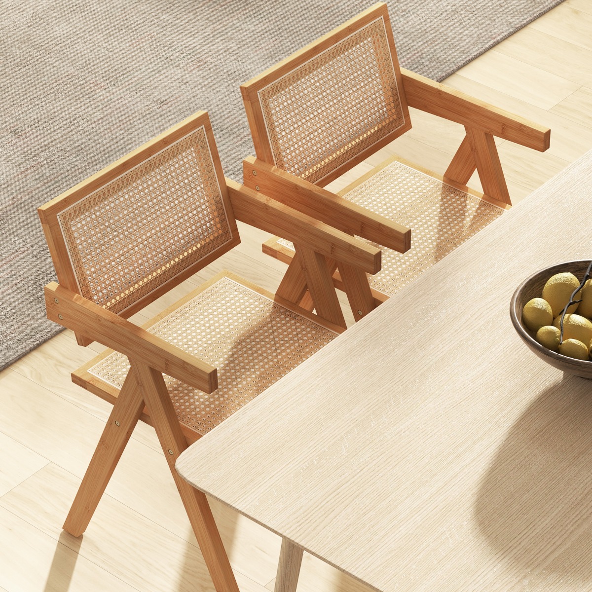 2er Set Esszimmerstuhl Küchenstuhl aus Bambus & simulierter Rattan 50 x 52 x 81 cm Natur