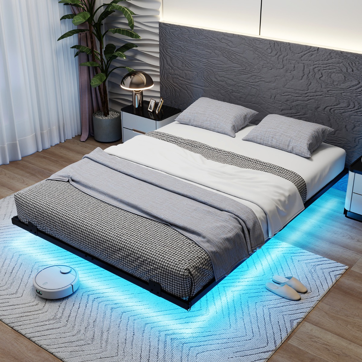 Doppelbett Schwebebettgestell mit LED-Leuchten modernes Bettgestell aus Metall Schwarz 140 x 200 cm