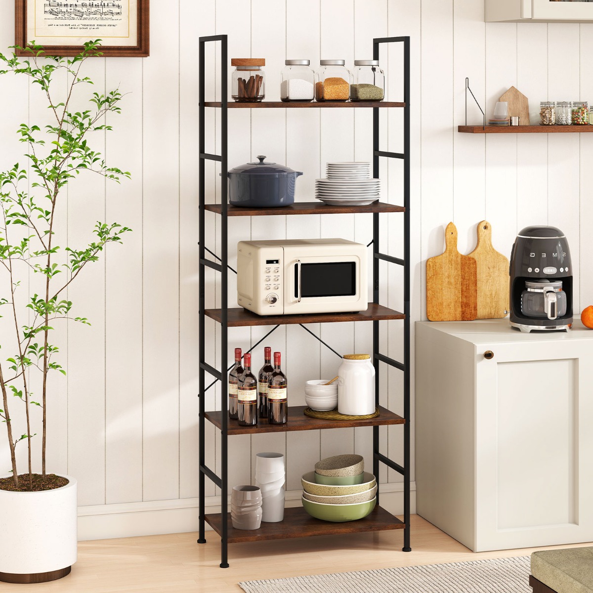 5-stufiges Bücherregal 160 cm Standregal mit Offene Trennwand & Metallrahmen Rustikales Braun