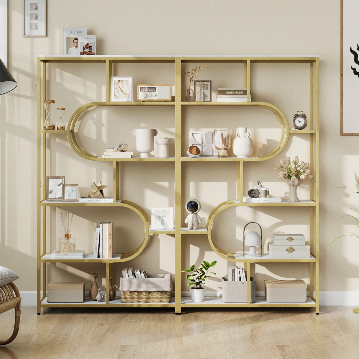 5-stöckiges Bücherregal mit Offenen Regalen Standregal Display Regal Weiß & Gold