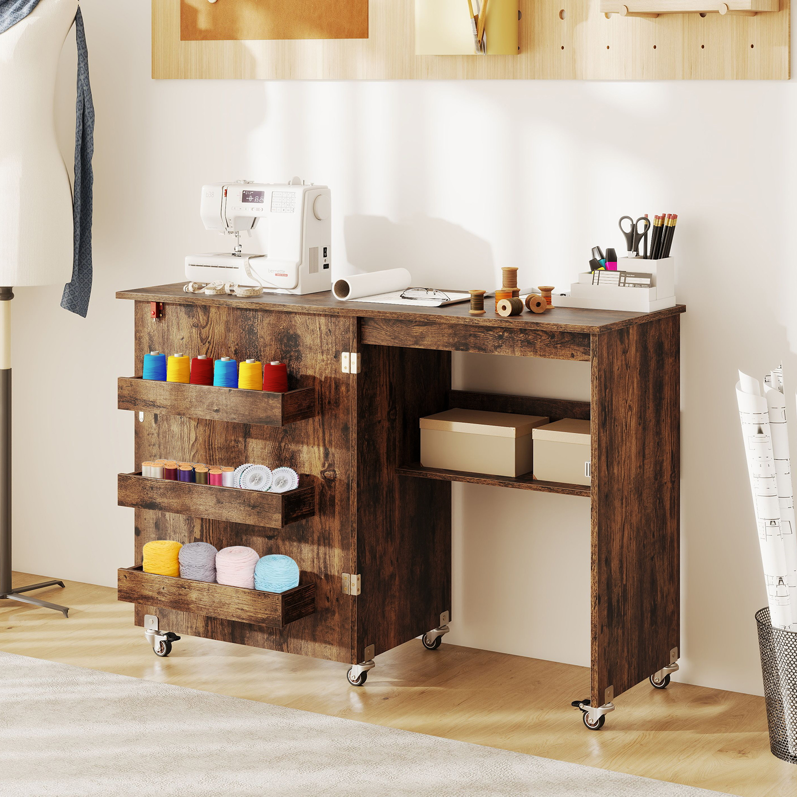 Faltbarer Nähtisch Rollende Bastelstation mit Ablagefach 3 versteckte Behälter Mobiler Nähtisch 118,5 x 40 x 79,5 cm Braun