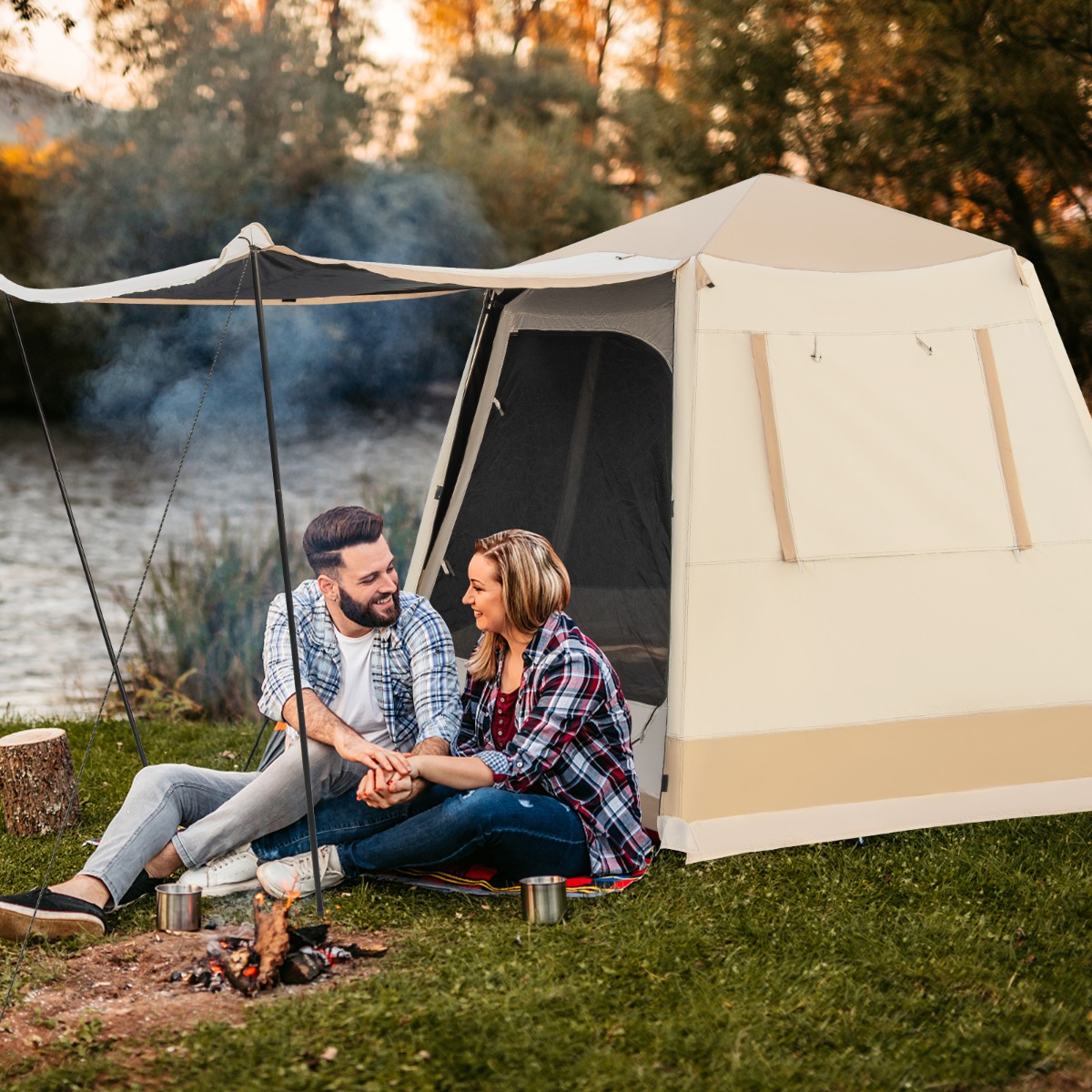 Pop-up-Campingzelt mit Automatischer Halterung & Tragetasche Doppellagiges Kabinenzelt Beige