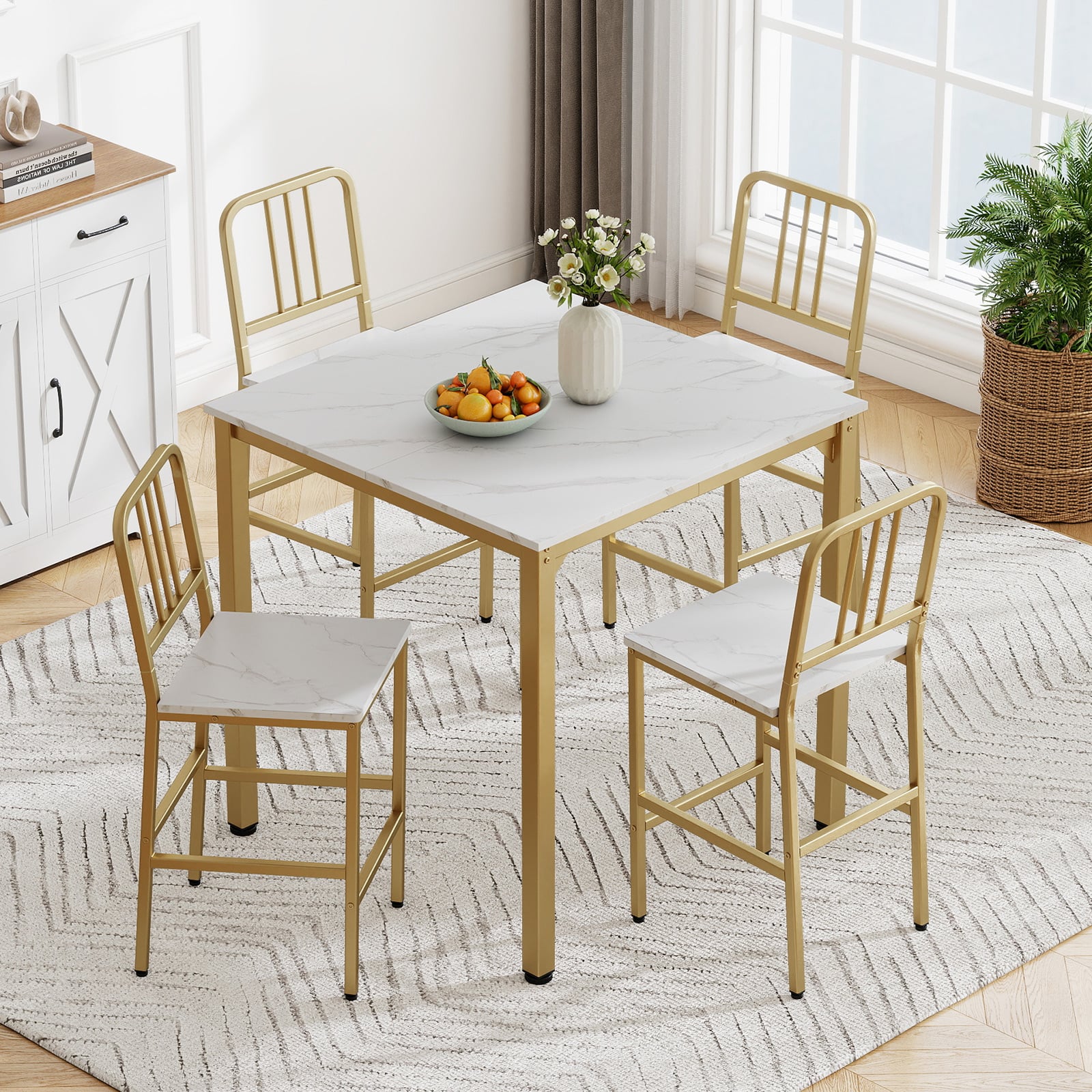 Farbe 5 Teilig Essgruppe Metallgestell Industriell 4 Barhocker Platzsparend Für Esszimmer Gold und Weiß