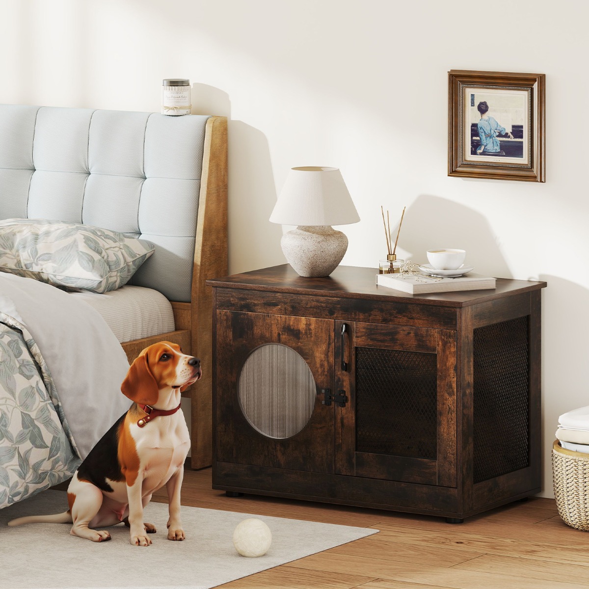 Hundekäfig Tierkäfig Hundebox im Möbelstil mit Tür & PC-Fenster Haustierkäfig für kleine und mittelgroße Hunde Katze Haustier Braun 82 x 47 x 60 cm