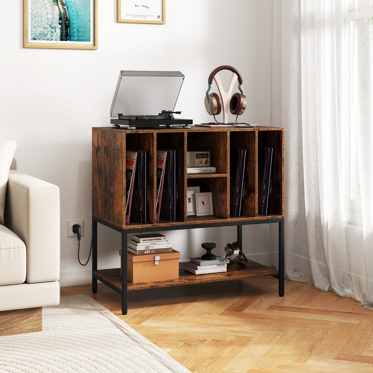 Plattenspielerständer mit Ladestation & Vinyl-Aufbewahrung Beistellschrank Vinyl-Display Regal Kaffee