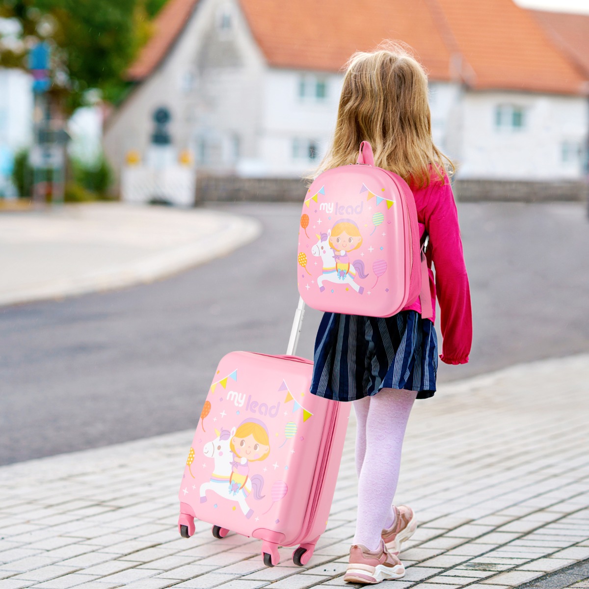 2tlg Kinderkoffer Set Kindergepäck mit Rädern 17' Handgepäck & 13' Hartschalen-Rucksack Rosa Einhörner