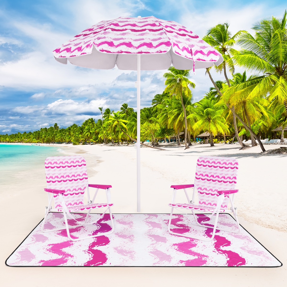 2er Set Strandstühle mit Schirm & Stranddecke Sonnenschirm mit Tragetasche 2 Klappstühle Rosa