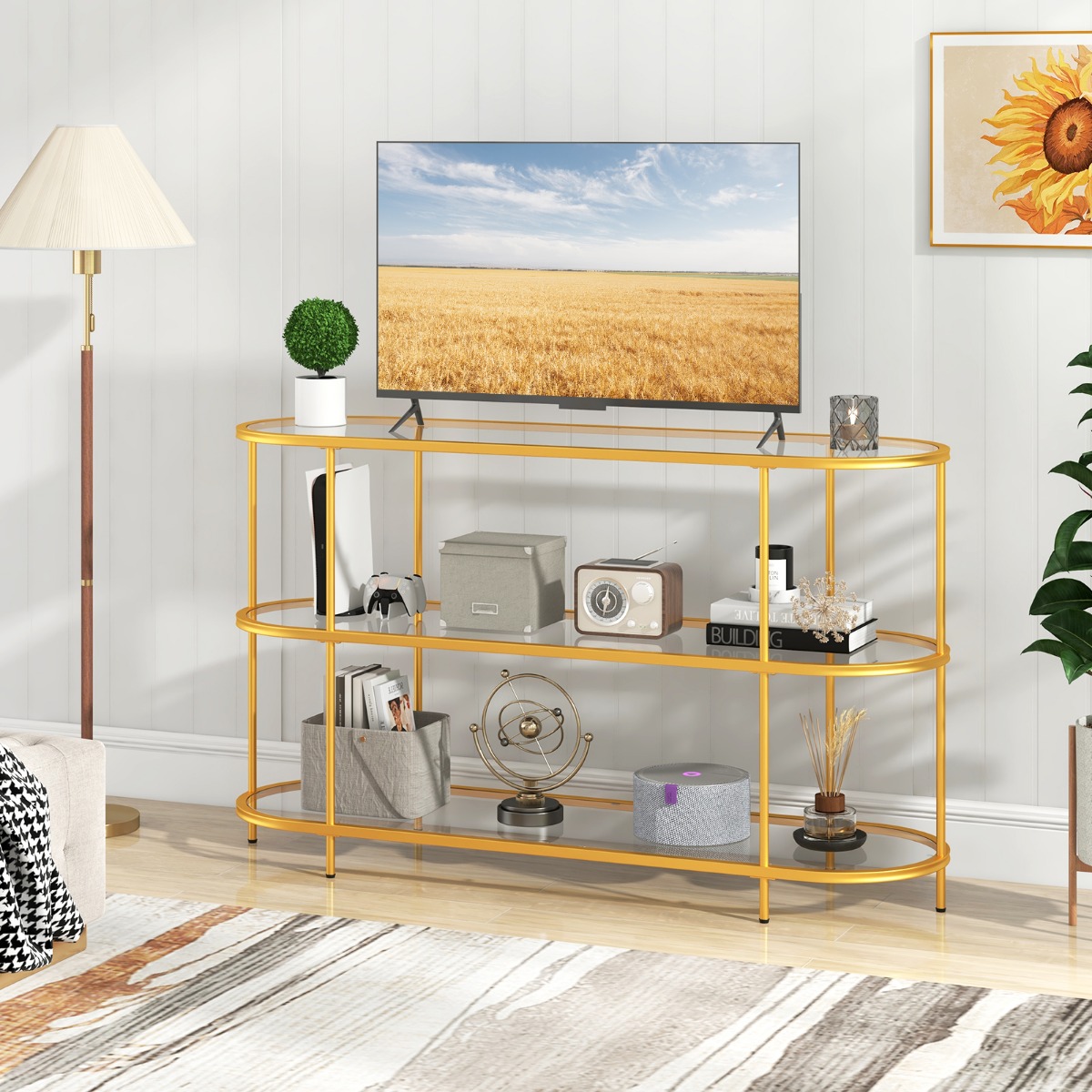 3-stöckiger TV-Schrank Fernsehtisch für Fernseher bis zu 65 Zoll Gold 140 x 41 x 82 cm