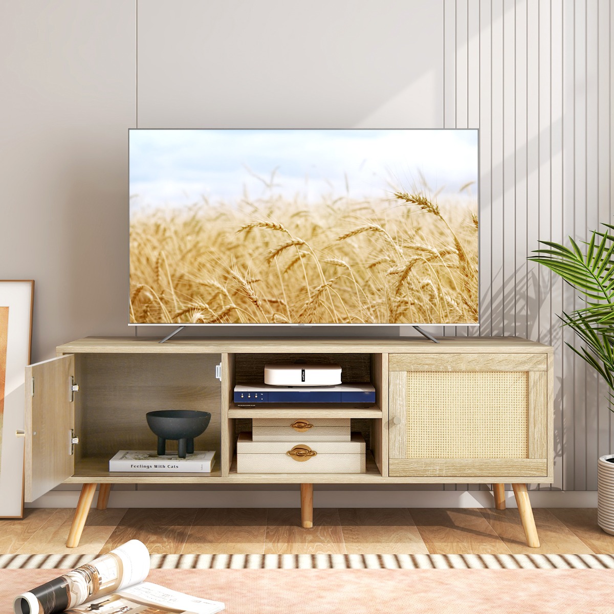 Rattan TV-Schrank mit 2 Türen & Offenen Fächern für Fernseher bis zu 55 Zoll 120 x 40 x 48,5 cm