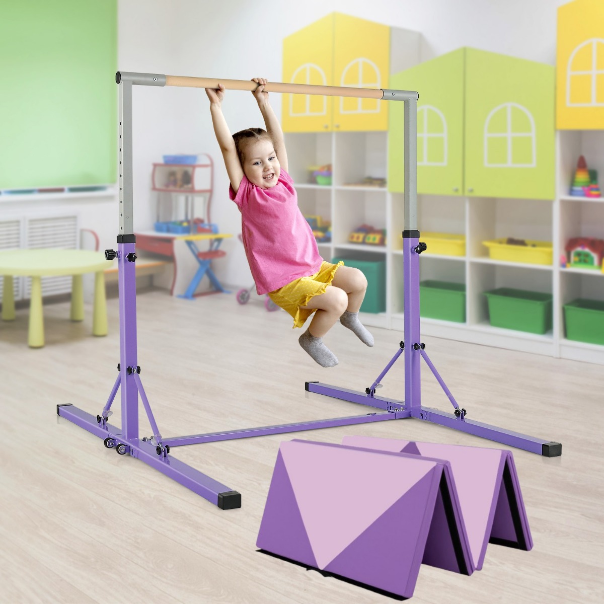 Faltbare Turnstange für Kinder Wackelfreies Heim-Fitnessgerät mit Gymnastikmatte Violett