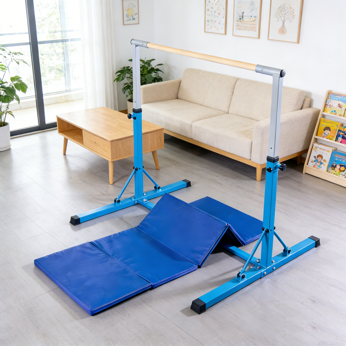 Faltbare Turnstange für Kinder Wackelfreies Heim-Fitnessgerät mit Gymnastikmatte Blau