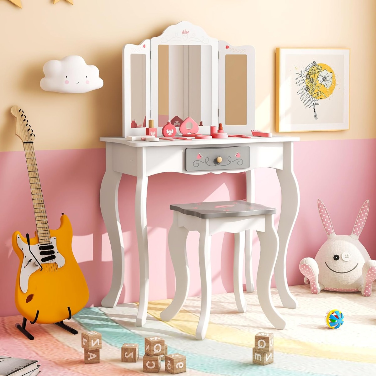 2 in 1 Kinder Schminktisch + Hocker mit Klappbarem Spiegel & Schublade & Zubehörteilen