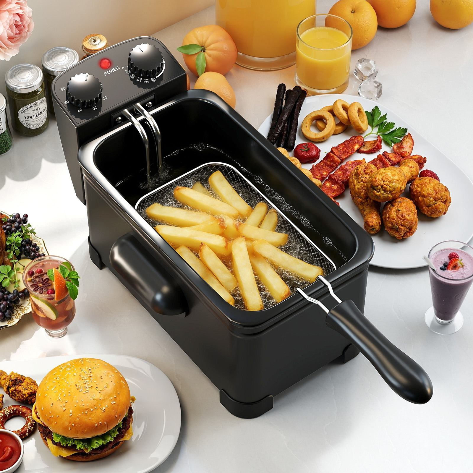 Fritteuse 2000 W Friteuse mit 3 L Öl Kapazität Fettfriteuse mit einstellbarem Thermostat 150-190℃ Schwarz