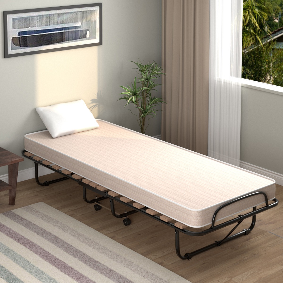 190 x 80 x 33 cm Klappbett mit Matratze trag- und rollbares Gästebett Hergestellt in Italien Beige Herkunft: Italien