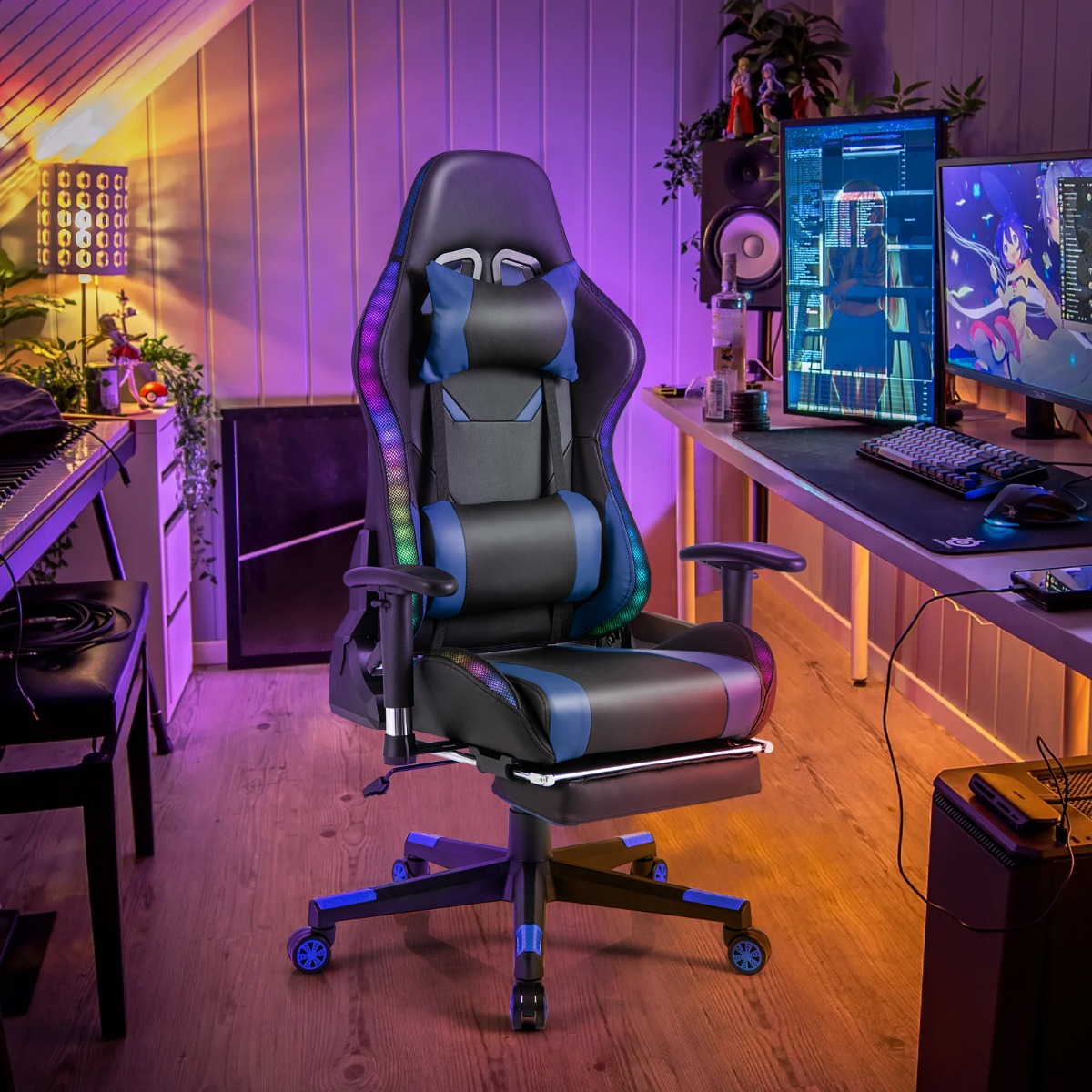 Gaming Stuhl mit RGB-LED-Leuchten & Einziehbarer Fußstütze Ergonomischer Bürostuhl Blau