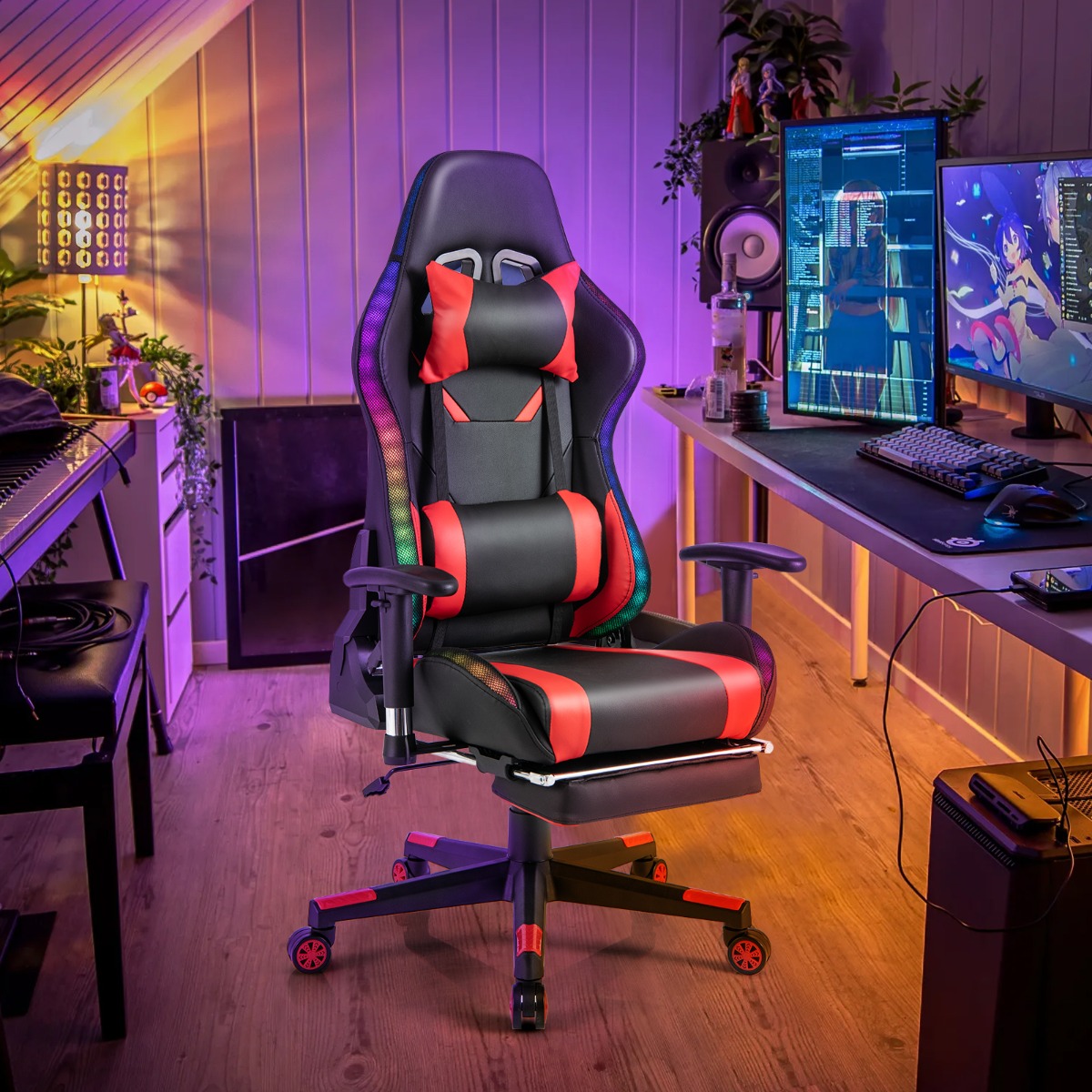 Gaming Stuhl mit RGB-LED-Leuchten & Einziehbarer Fußstütze Ergonomischer Bürostuhl Rot