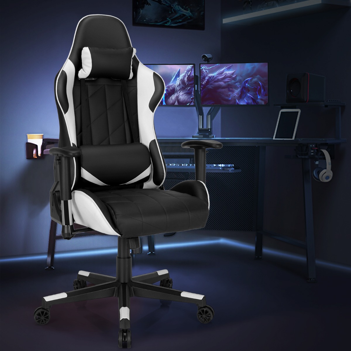 Gaming Stuhl Racing Style Drehstuhl mit Kopfstütze & Lendenkisse 90°-160° Verstellbarer Neigungswinkel Weiß