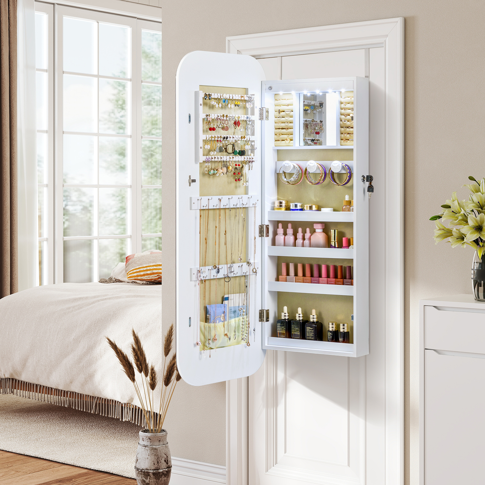 Ganzkörperspiegel mit Abschließbarem Schmuckschrank & 6 LED-Lichter Schmuckorganizer