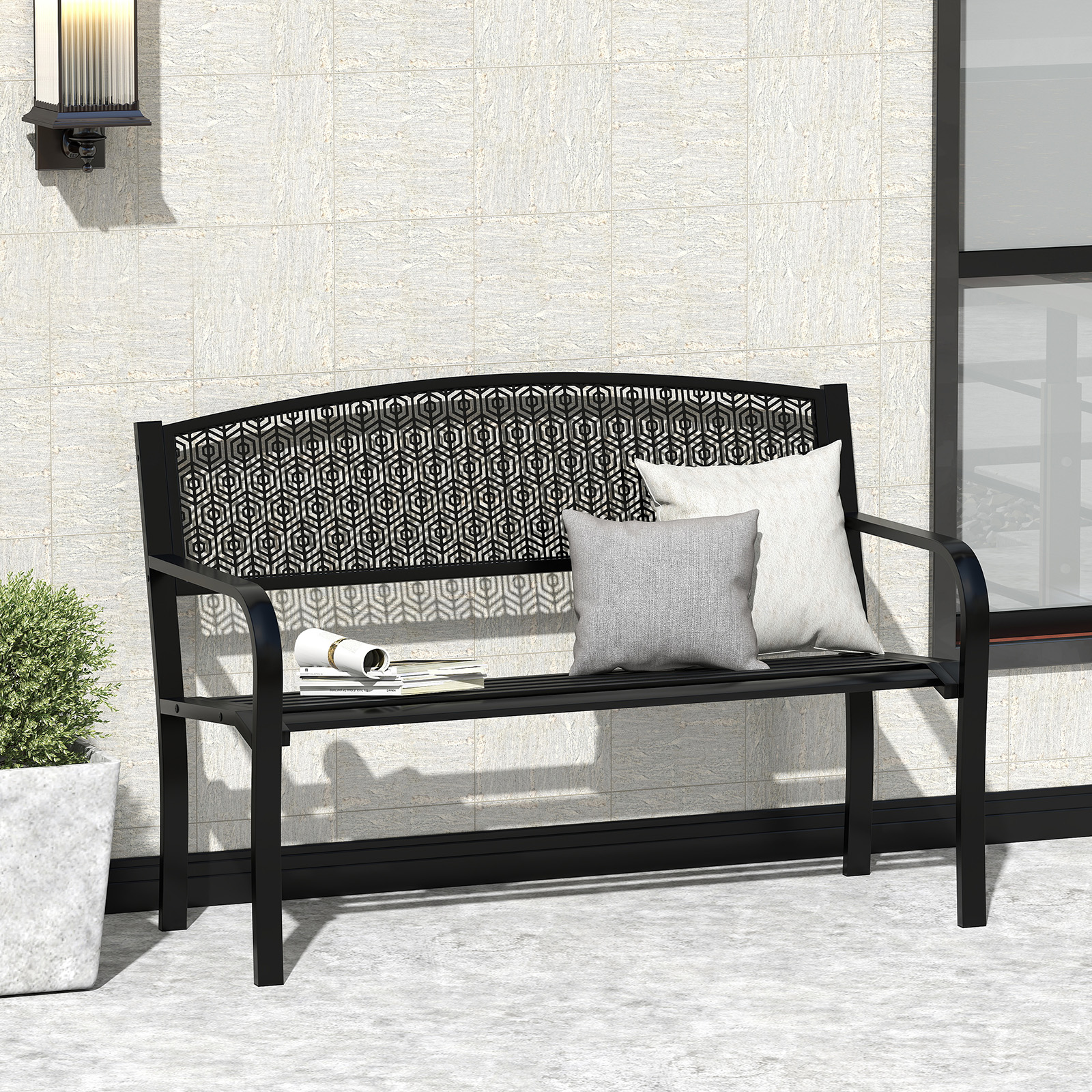 Gartenbank Metall Wetterfeste Sitzbank für 2 Personen Balkonbank mit Armlehne 128 x 60 x 86 cm Schwarz