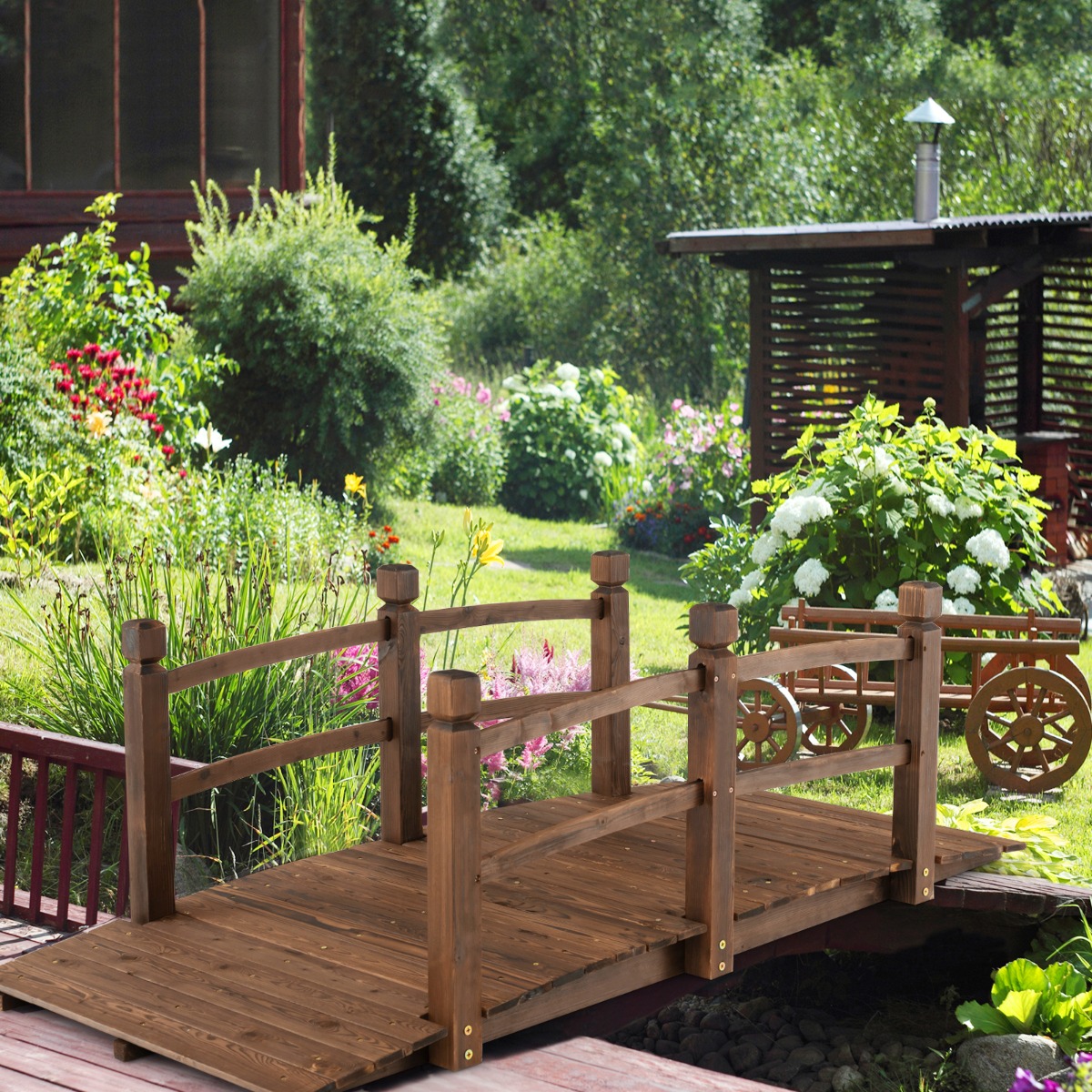 1,7 m lange Gartenbrücke aus Holz Dekorativer Teichsteg mit Absturzsicherung 180 kg Belastbar