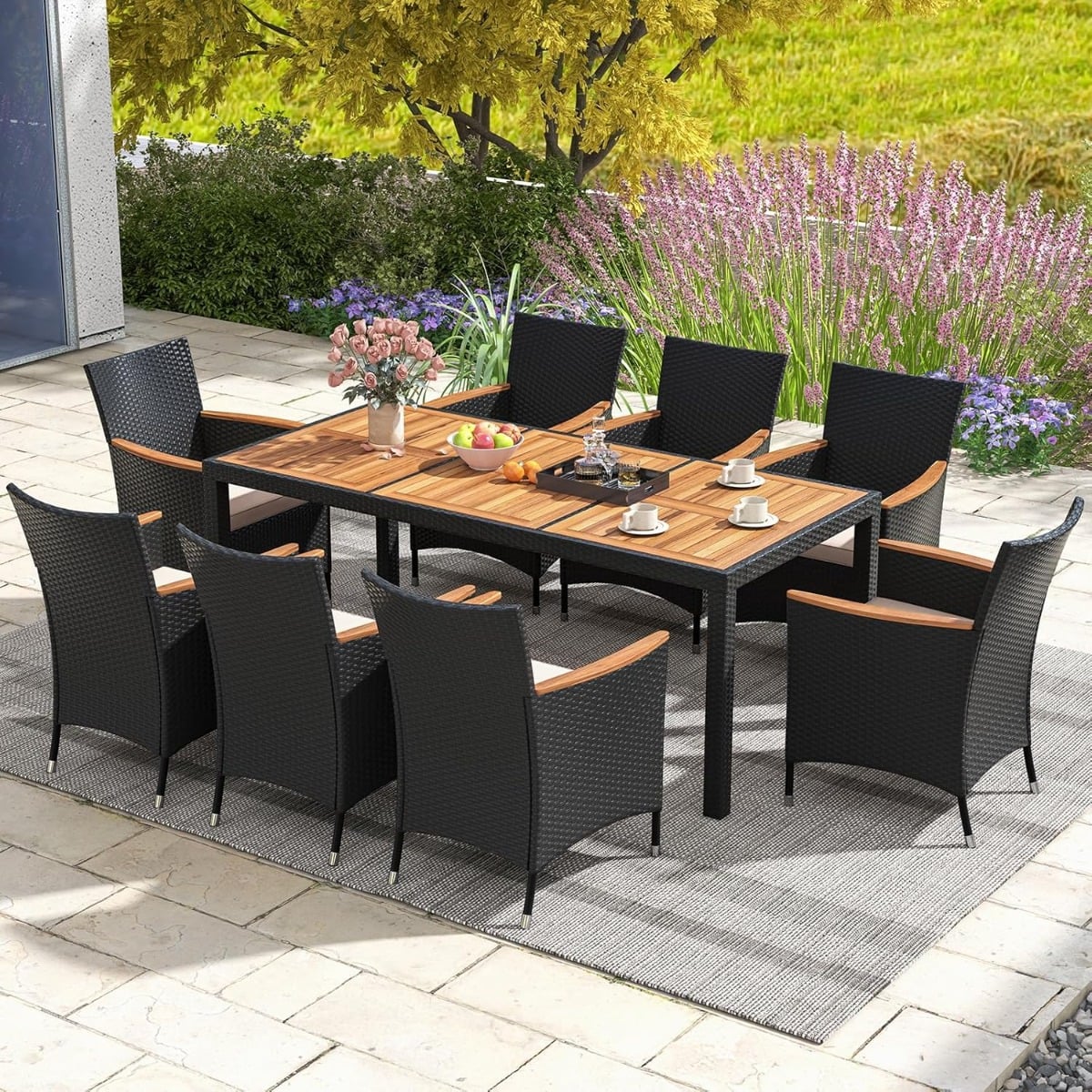 9 TLG. Rattan Gartenmöbel Set Sitzgruppe für 8 Personen Gartentisch aus Akazienholz Braun