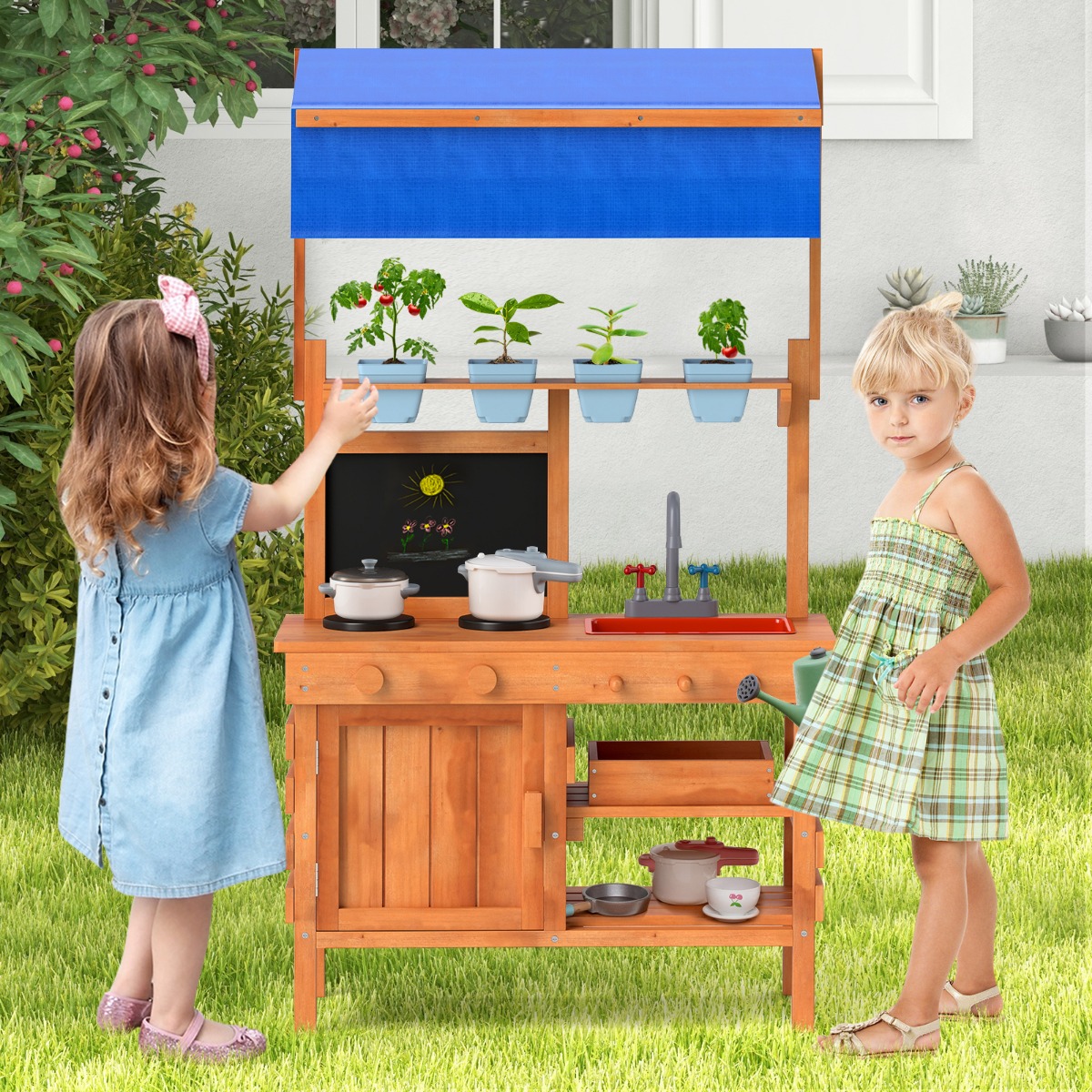 Matschküche für Kidner Kinderküche Holz mit Höhenverstellbarem Sonnendach 77 x 52 x 135 cm