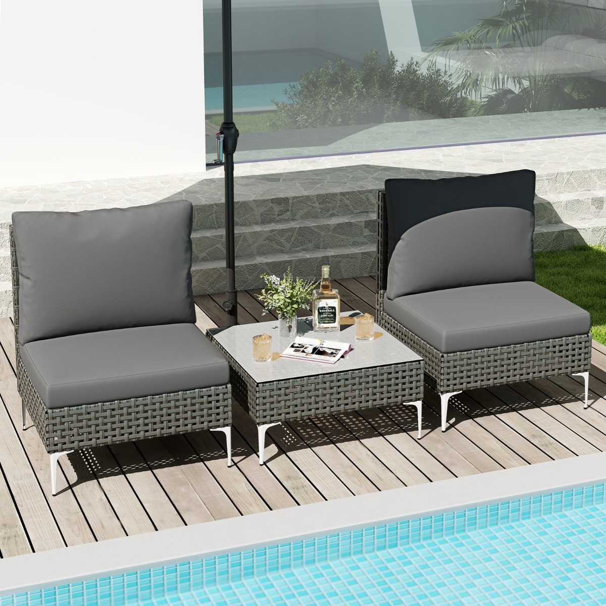 3-TLG Gartenmöbel Set Rattan Balkonmöbel-Set mit 2 Stühle inkl. Sitzkissen & Tisch Sitzgruppe Grau