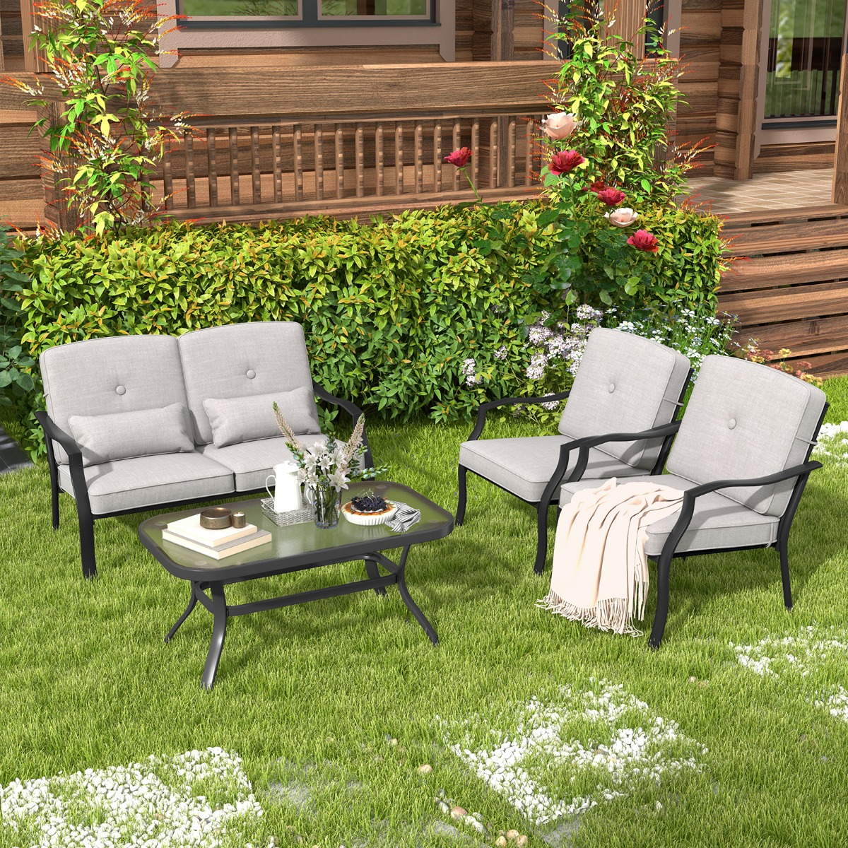 4-TLG. Gartenmöbel Set Terrassenmöbel mit Sitz- Rücken- und Taillenkissen Grau