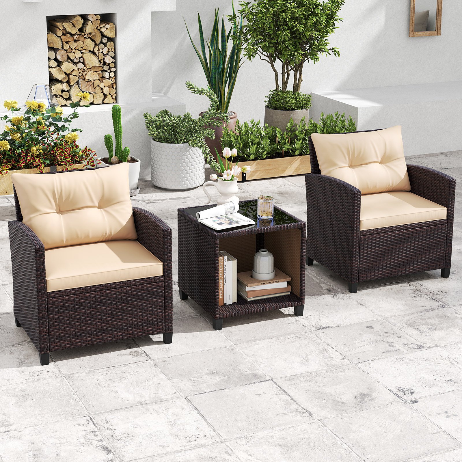 Gartenmöbel Set inkl. 2 Stühle mit Sitzkissen & Tisch Rattan Balkonmöbel Gartenlounge Sitzgruppe Set Braun