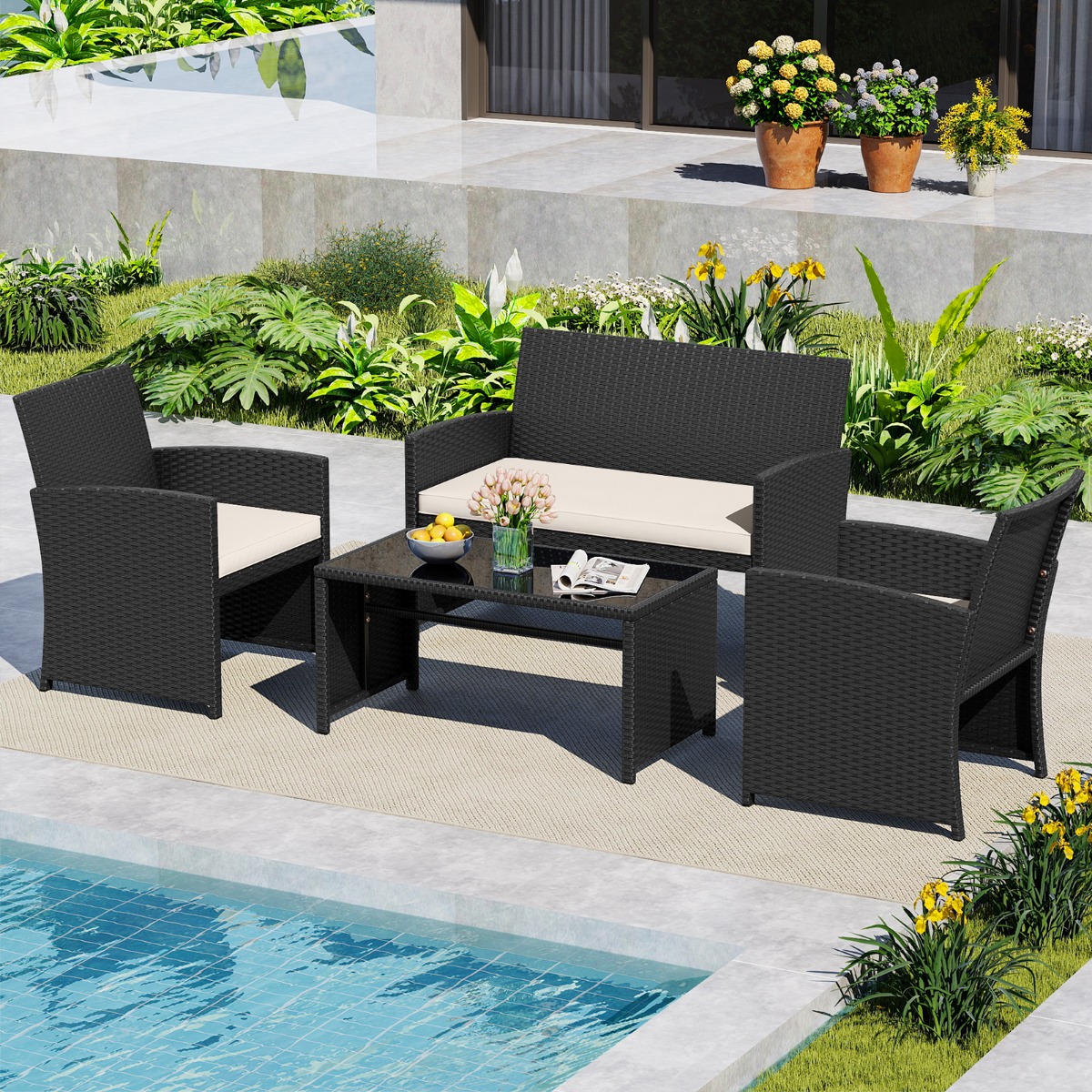 4-teiliges Rattan Gartenmöbel Wicker 2-Sitzer Sofa mit gehärtetem Glas-Couchtisch Beige