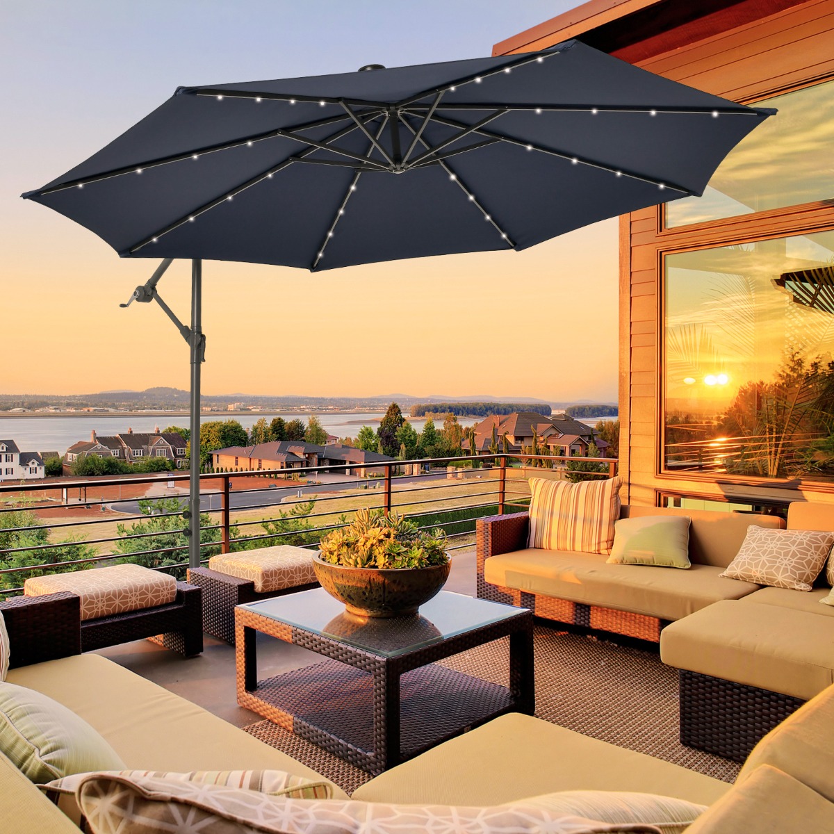 Ø300 cm Ampelschirm mit 40 Solar-LED-Leuchten & Sandsäcke & Kurbel & UV-Schutz Sonnenschirm Blau