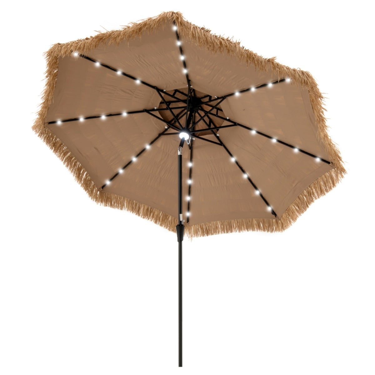 Sonnenschirm Hawaii 300 cm Strohschirm mit LED-Solar-Beleuchtung und Doppeldach Natur+Schwarz